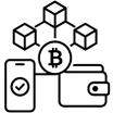 Minimalist blockchain payment icon featuring a Bitcoin symbol, connected blockchain nodes, smartphone verification, and digital wallet for cryptocurrency transactions
