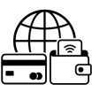 Minimalist global payment icon featuring a credit card, digital wallet, and globe symbolizing international card and e-wallet transactions
