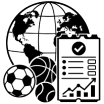 Minimalist global sports betting icon with world map, sports balls and betting statistics
