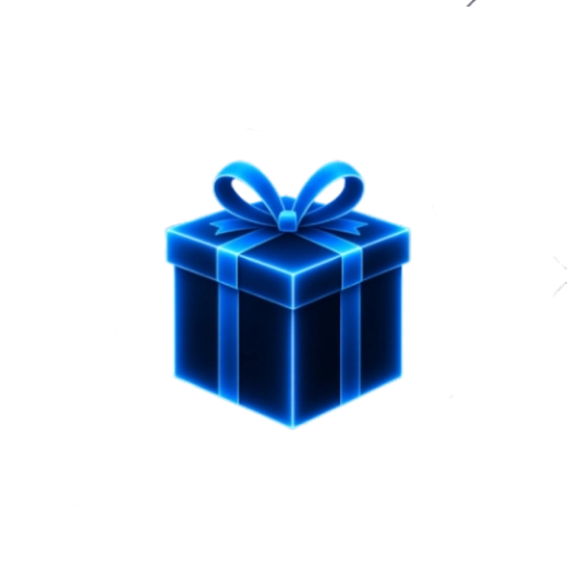 Glowing neon blue 3D gift box icon with ribbon and bow, symbolizing a casino reward or bonus