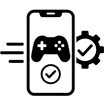 Minimalist mobile optimized gaming icon with smartphone, game controller and performance settings